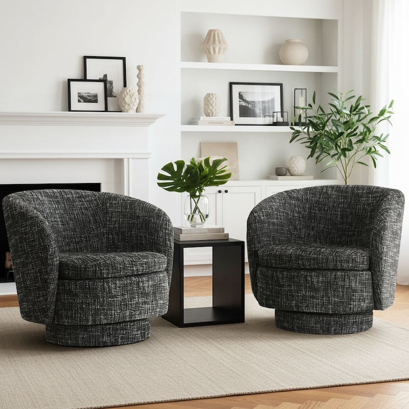 Upholstered 360° Swivel Barrel Chair with Curved Backrest（Set of 2） - Black