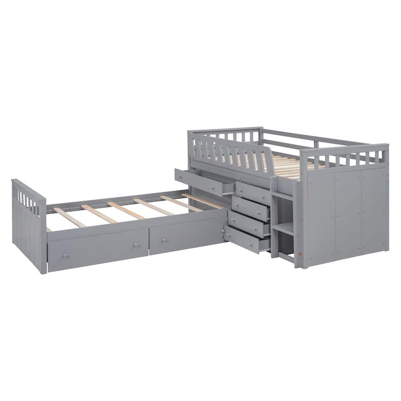 Gray Twin Size Solid Wood L-shaped Loft Bed with Drawers