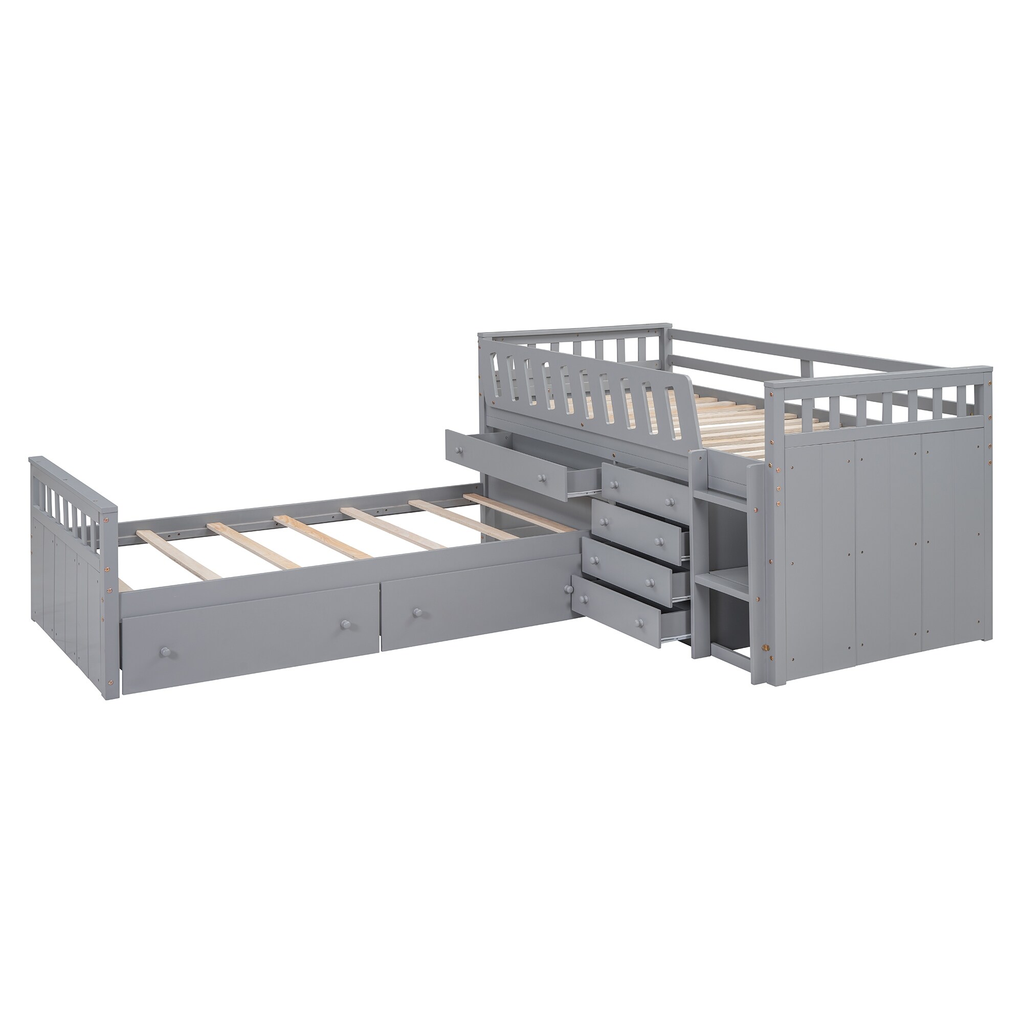 Twin Loft and Twin Platform Bed with 7 Drawers & Full Guardrails, Grey