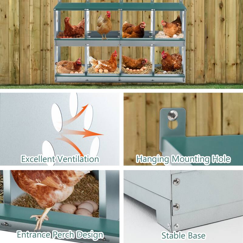 8-Compartment Metal Chicken Nesting Box - Wall-Mount Egg Laying Box with Vents for Hens & Poultry