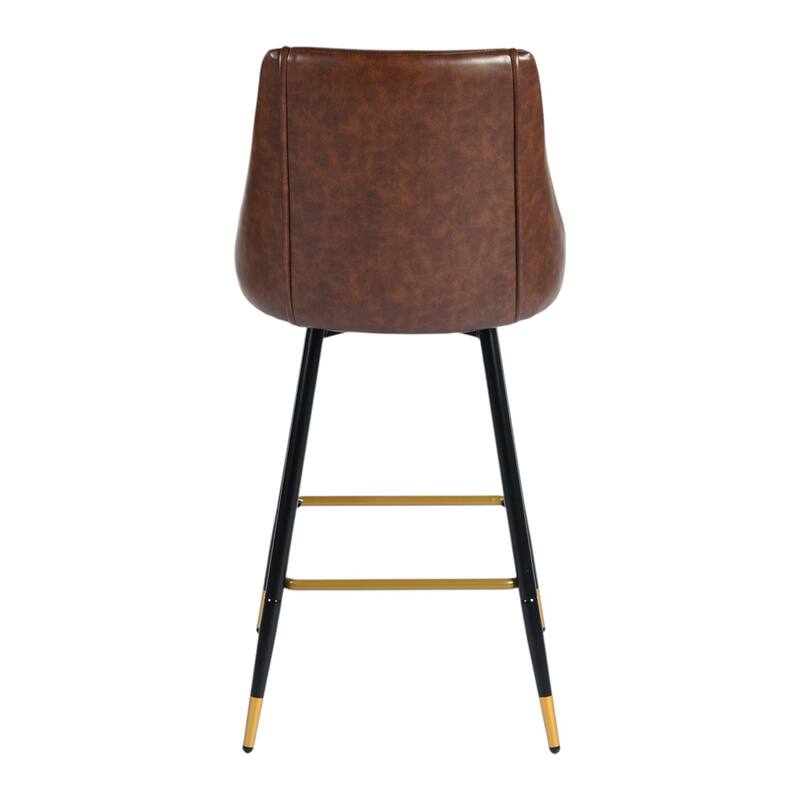 HomeRoots Set of Two 26" Brown and Black and Gold Faux Leather and Metal Counter Height Swivel Bar Chairs
