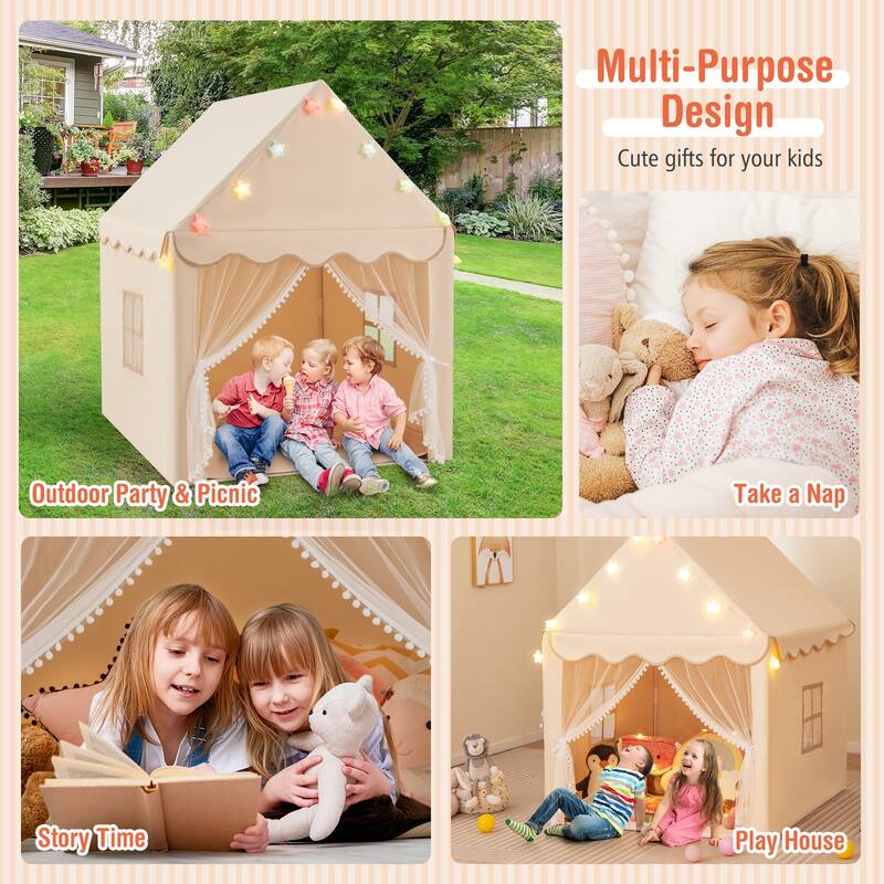 Gymax Kids Playhouse Tent Large Castle Fairy Tent w/ Star Lights Mat
