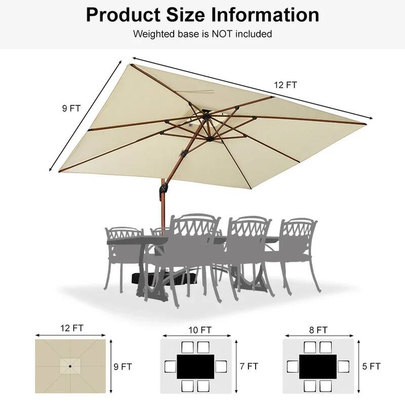 PURPLE LEAF 9/10/11ft Square 09x12ft Rectangle Wood Pattern Patio Outdoor Cantilever Umbrella with Base