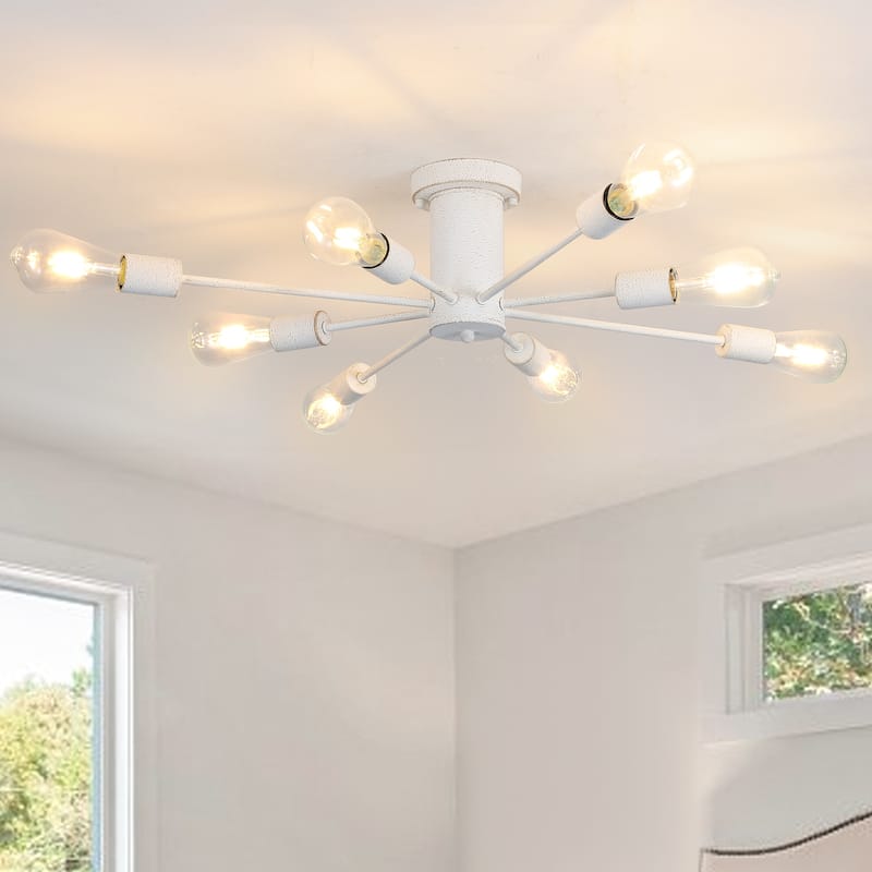 8-Light Sputnik Chandelier, Semi-Flush Mount Ceiling Light with Sputnik Shade for Living Room Kitchen Island Dining Foyer - White