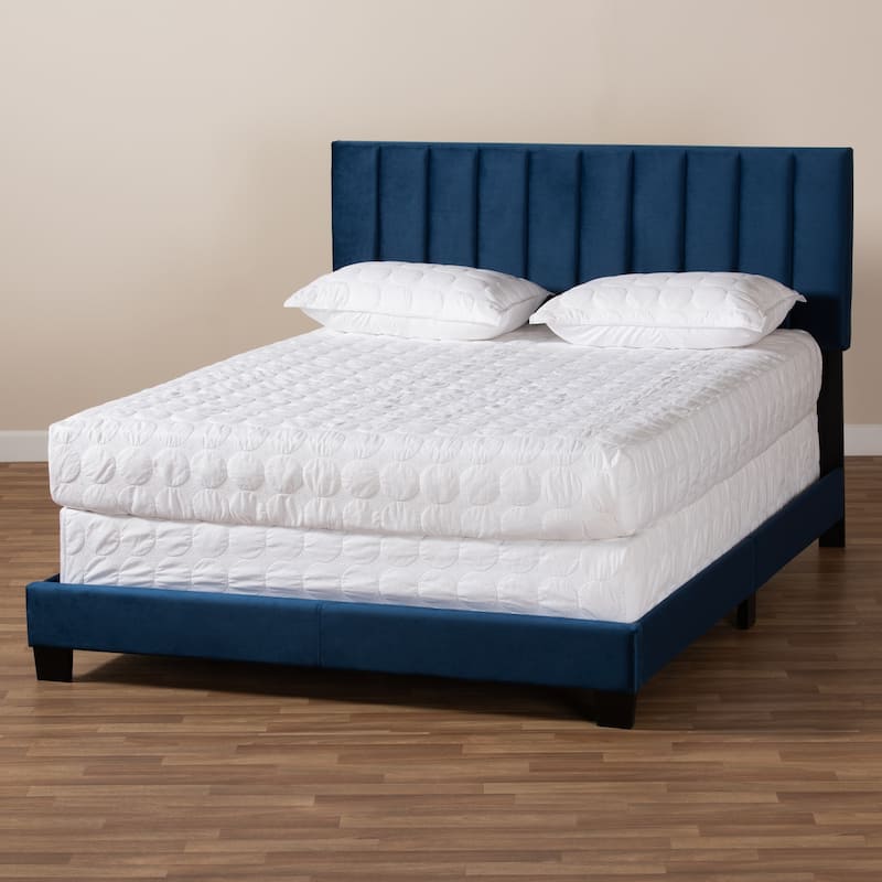 Navy Blue Velvet Full Panel Bed with Channel Tufted Headboard and Stylish Design