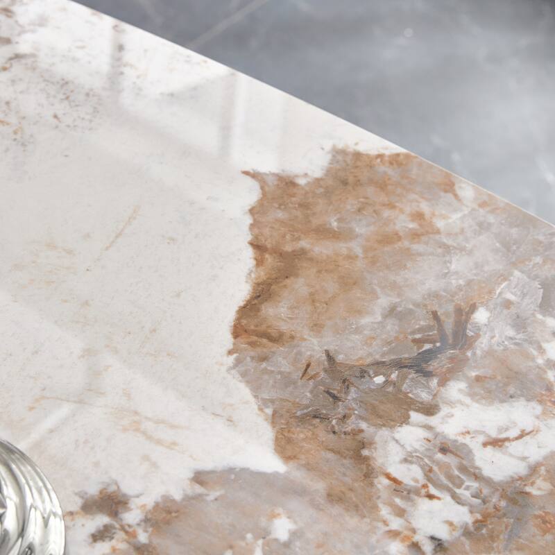 48.4" 5-Piece Sintered Stone Dining Table Set with 4 PU Chairs, Curved Widened Cushions, Pandora Patterned Rock Slab Desktop