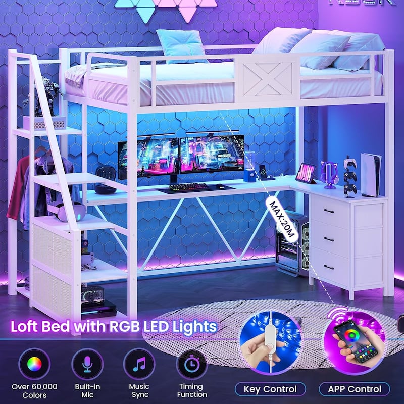 Stairway Twin Size Loft Bed with L Shaped Desk and Wardrobe 3 Drawers