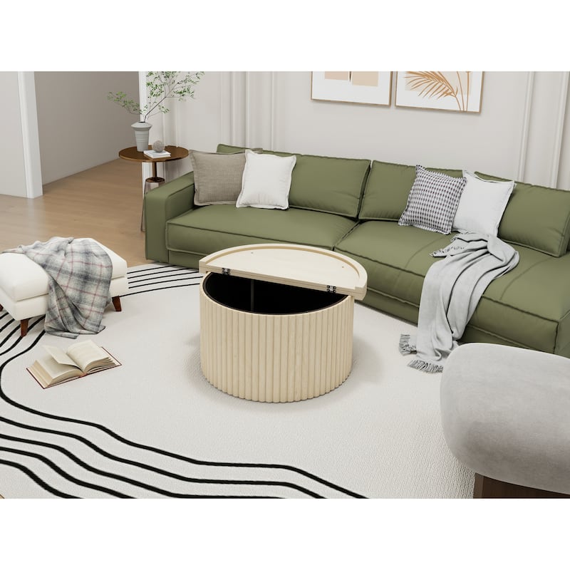 Round Coffee Table with Wood Grain Vertical Stripes, Small Fluted Circle Side Table, Center Table with Adjustable Feet