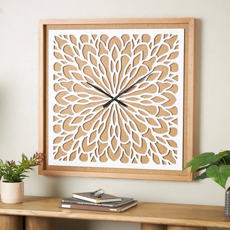 Brown Wood Floral Decorative Wall Clock with White Cutout Board - 2"W x 32"L x 32"H