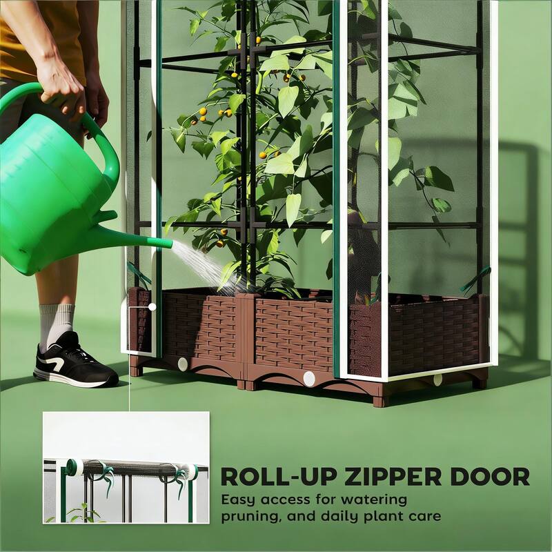 Self-Watering Adjustable Raised Garden Bed with Trellis and Crop Cage