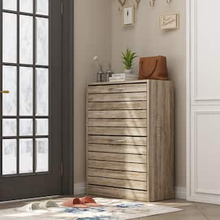 Timechee 8 Pair Shoe Storage Cabinet with 2 Drawers, Wood Louver Door