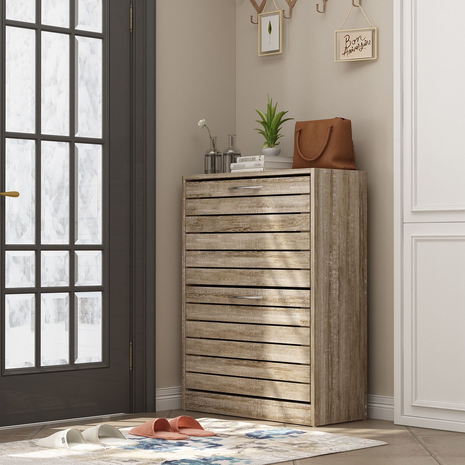 Timechee 8 Pair Shoe Storage Cabinet with 2 Drawers, Wood Louver Door