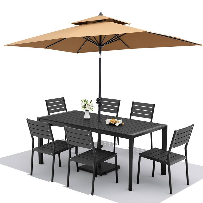 Set of 9 Outdoor Patio Dining Set WoodLike Aluminum Umbrella Hole Table with Stackable Chairs, Double Top Market Umbrella Set