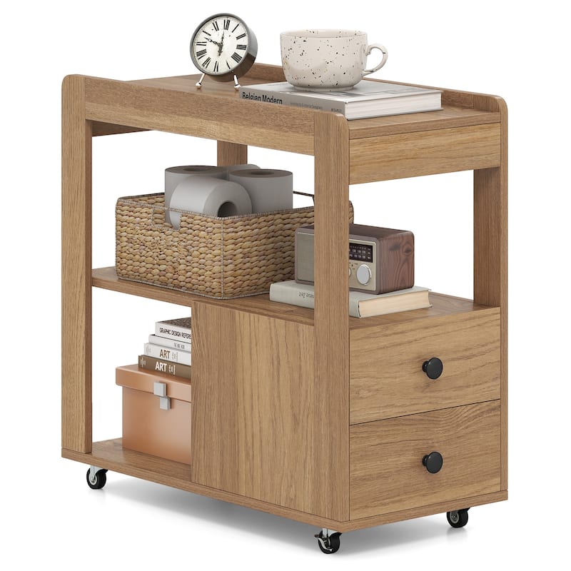 Gymax 2 PCS Narrow End Table Modern 2-Drawer Sofa Side Table w/ Open