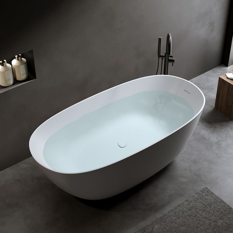 Luxury Solid Surface Freestanding Soaking Bathtub with Center Drain and Pop-up Drain, Modern Beige Tub with Overflow