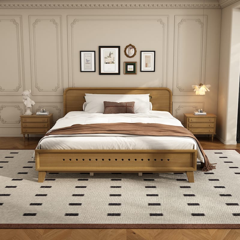 Rustic Pine Wood Bed Frame Low-Profile Platform Bed with Panel Headboard Solid Wood Slat Support and Extra Wide Thickened Legs