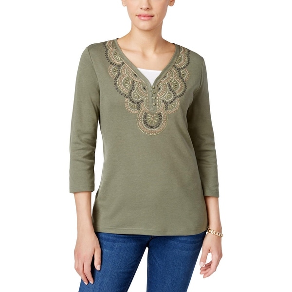 Karen Scott Womens Casual Top Embroidered 3/4 Sleeves