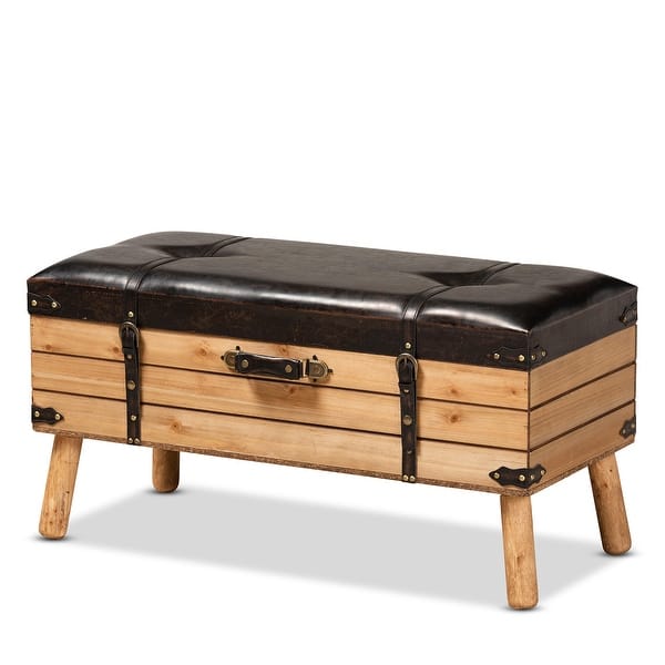 slide 2 of 13, Amena Dark Brown PU Leather and Oak Wood Large Storage Ottoman Dark Brown