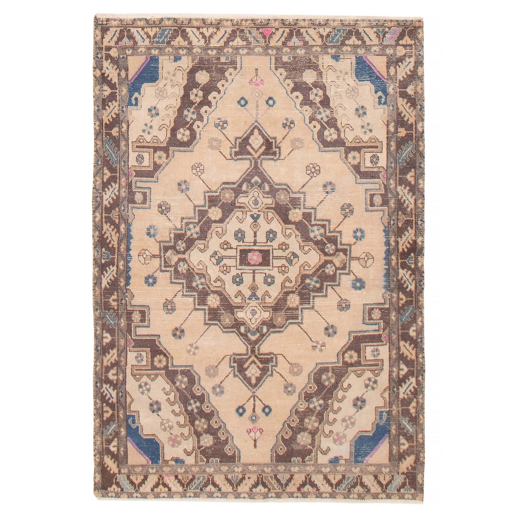 ECARPETGALLERY Hand-knotted Antalya Vintage Beige Wool Rug - 4'3 x 6'2