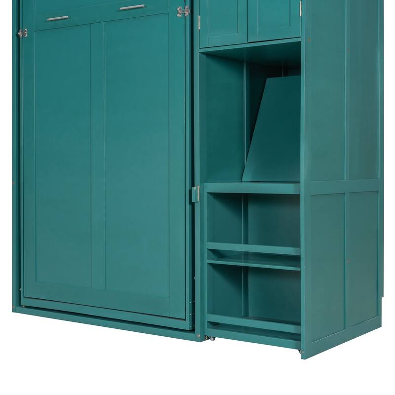 Twin Size Rotating Murphy Wall Bed with Bookshelf, Top Cabinet, Modern Foldable Cabinet Bed with Extendable Desk, Side Storage
