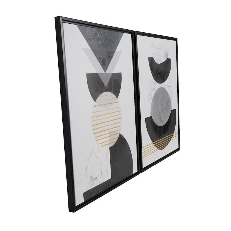White Canvas Mid Century Modern Geometric Abstract Framed Wall Art with Gold Foil Accents (Set of 2)