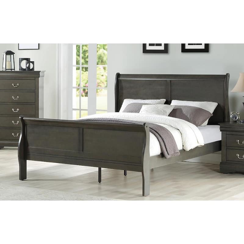 Dark Gray Wood Sleigh Bed Low Profile FB, Transitional Style, Wooden