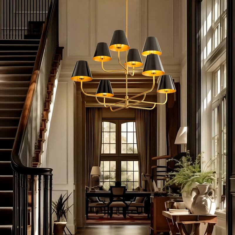 8-Light Mid-Century Modern Gold Linear Sputnik Tapered Large Chandelier for Dining Room
