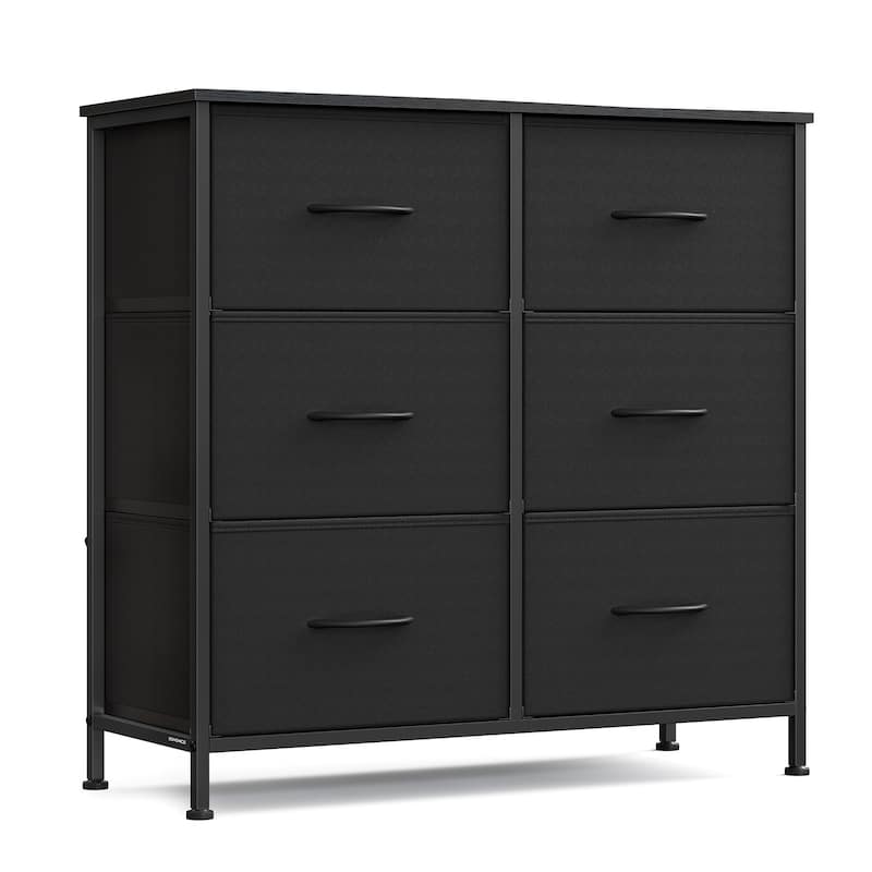 Drawer Fabric Dresser with Steel Frame & Wood Top Modern Storage Chest for Bedroom Closet or Living Room - Ink Black + Ebony Black - 6-drawer