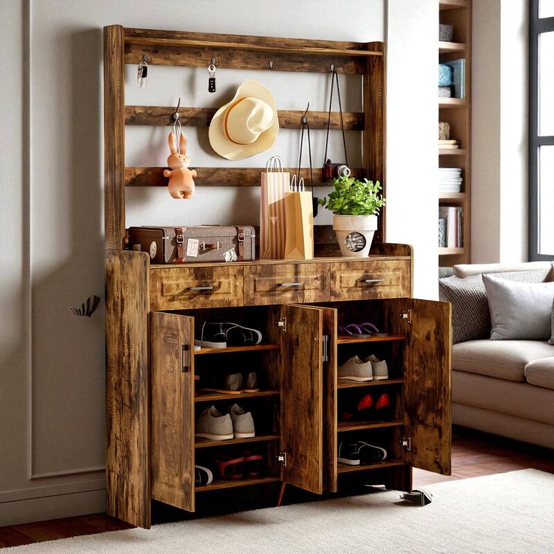 51.2" Hallway Shoe Cabinet with Coat Rack, 4 Doors, 3 Drawers, 8 Shelves & Metal Hooks