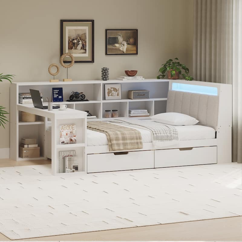 Twin Size Wooden Daybed with Desk and Storage Bookcase, Corner Bed with Headboard and Under-bed Drawers and LED Light - White