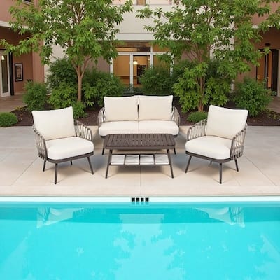 Modern 4-Piece Patio Conversation Set with Woven Rope Backrest, Acacia Coffee Table and Cushions, Outdoor Furniture