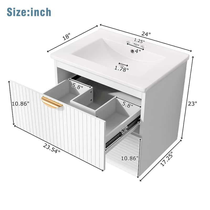 Modern 24-Inch Wall-Mounted Bathroom vanity with 2 Drawers