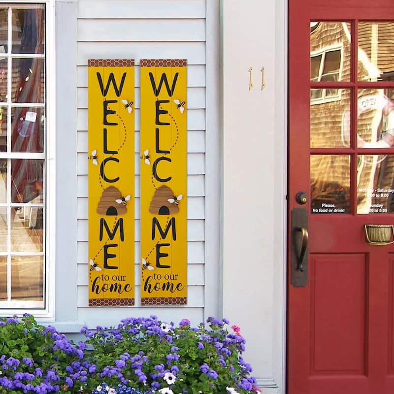 Glitzhome 42"H Solid Wood WELCOME Porch Sign with Bee or Butterfly Outdoor Decor - Set of 2-Yellow
