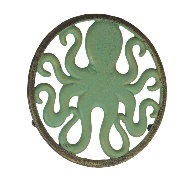 Cast Iron Trivet Set Nautical Octopus & Sea Turtle Design, Verdigris - 8 X 8 X .75 inches
