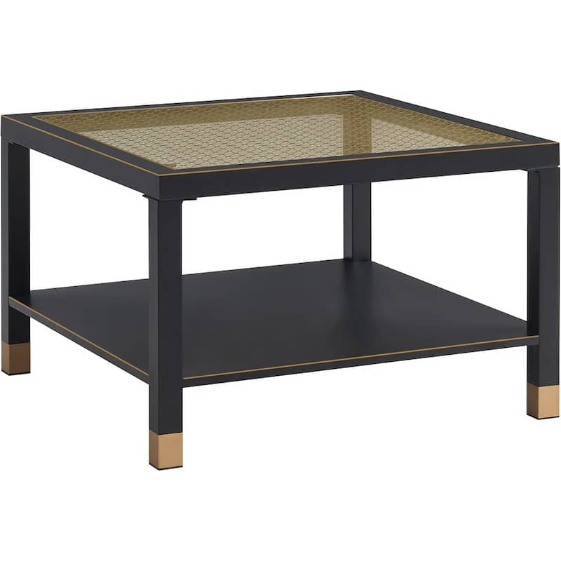 Industrial Square Coffee Table - 27.6" Matte Black Steel Frame & Gold Mesh Glass Top - Black+Gold