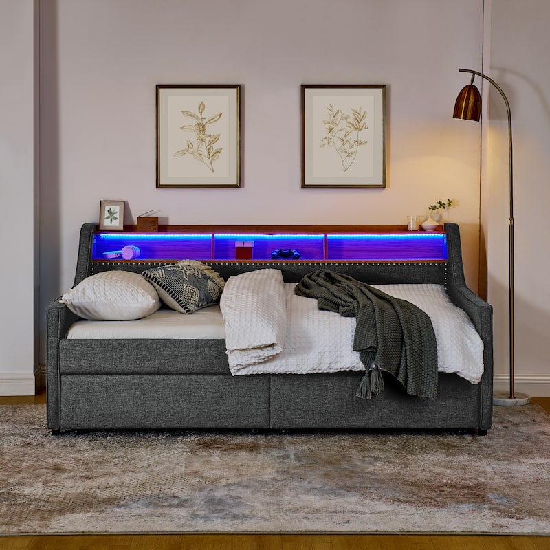 Grey Twin Size Upholstery DayBed with Three LED Lights,Storage Adjustable Headboard and Two Storage Pull Up Drawers