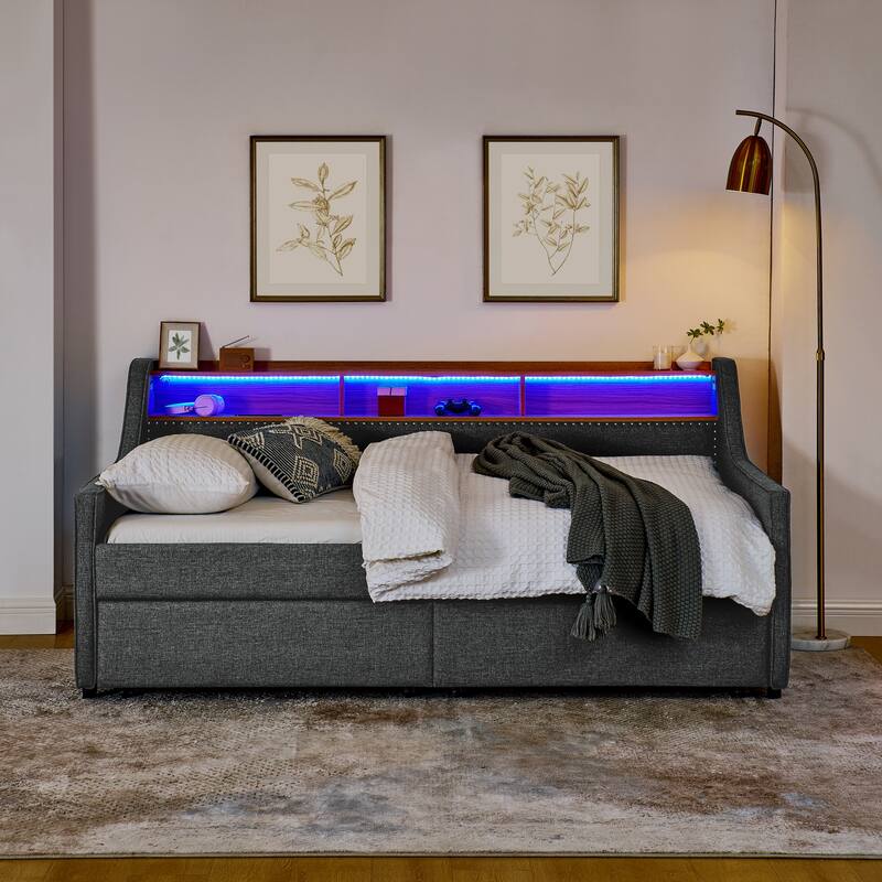Grey Twin Upholstery Daybed with 3 LED Lights & 2 Storage Drawers