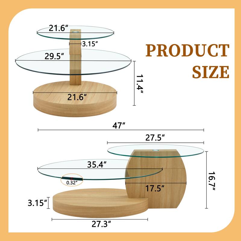 Modern Round Glass Coffee Table w/ Wood Base, 3 Tier Round Coffee Table, Clear Cocktail Table w/ Storage for Home Office