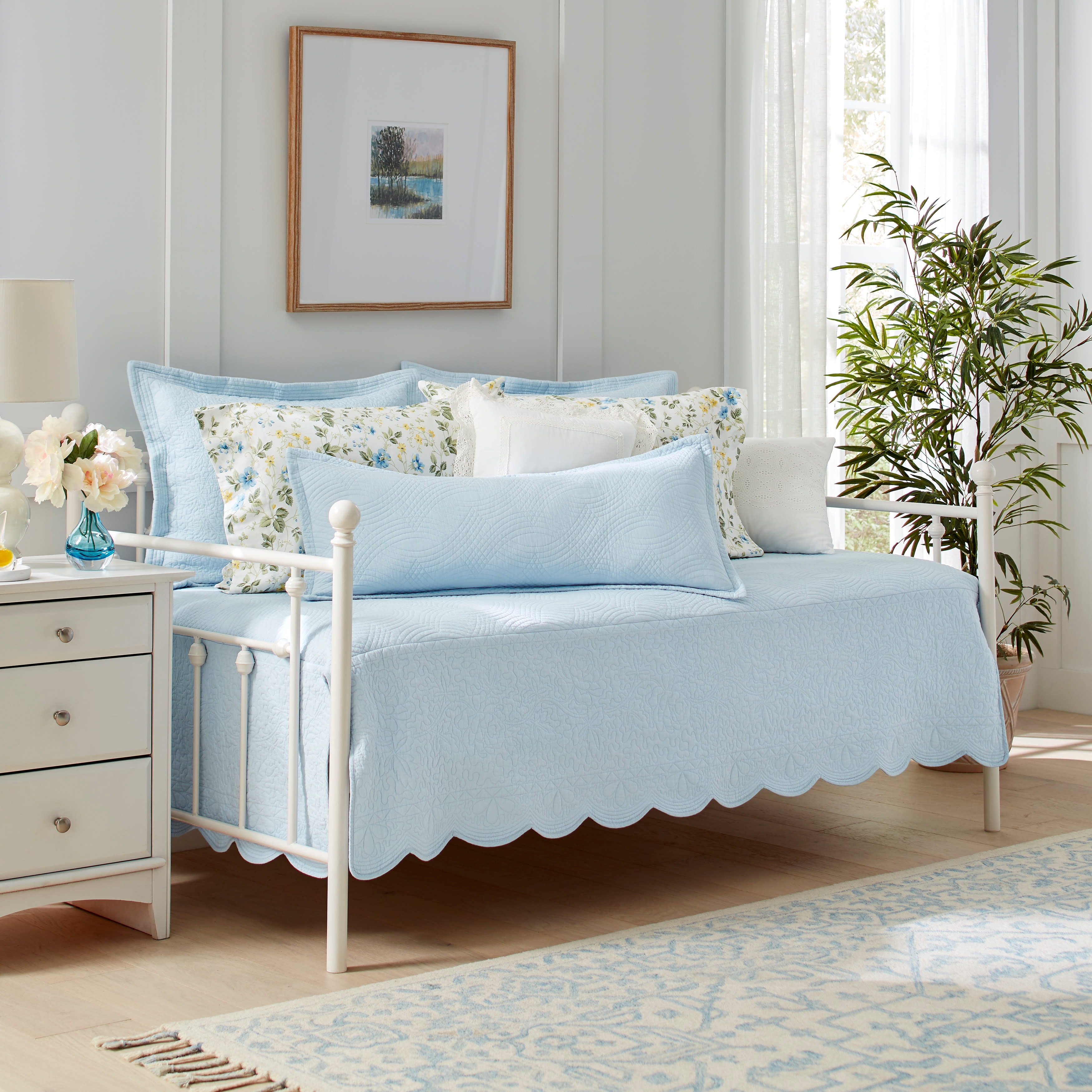 Laura Ashley Solid Trellis Cotton Blue 4 Piece Daybed Cover Set