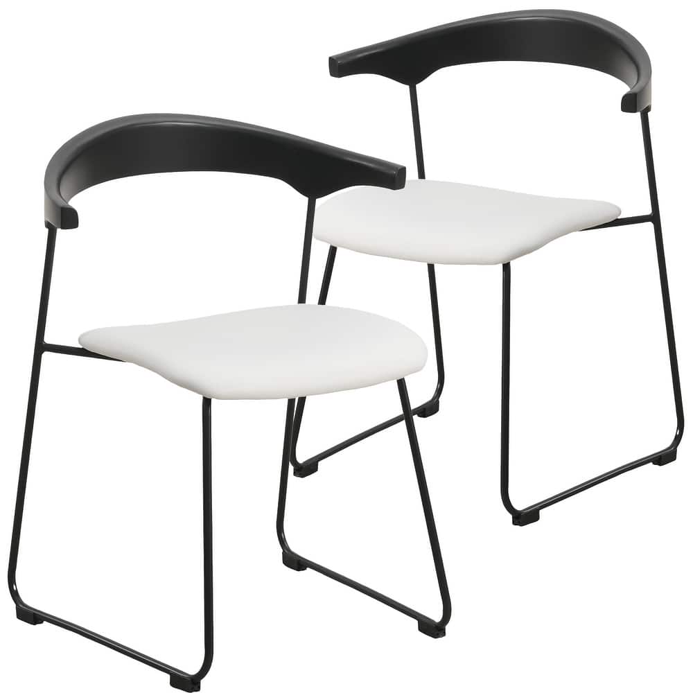 Lyra Modern Leather Upholstered Open Back Dining Side Chair with Solid Wood Backrest and Black Metal Legs (Set of 2)