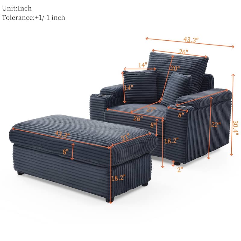 Set of 2 Sofa Armhair & Storage Ottoman, Corduroy Single Chaise Lounge with Extra Wide Armrests and Cup Holders