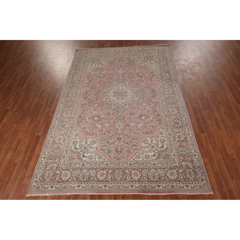 Pink Tabriz Vintage Persian Rug Hand-Knotted Traditional Wool Carpet - 6'6" x 9'11"