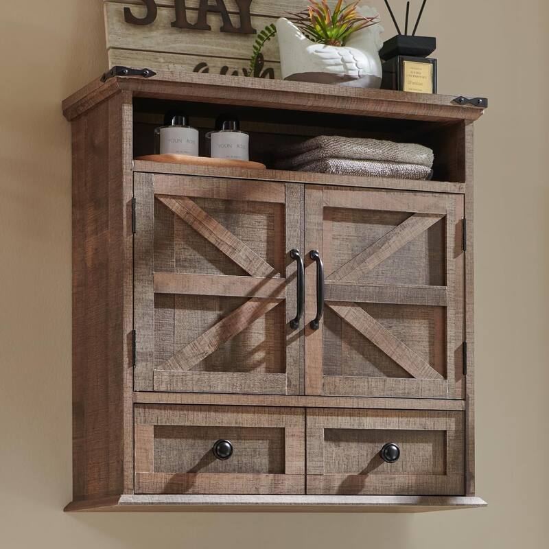 24" Farmhouse Wide Bathroom Wall Cabinet, Medicine Cabinet - Rustic Brown