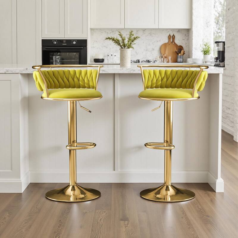 Velvet Upholstered Adjustable Bar Stool Swivel Counter Chair Set of 2 - Olive Drab/Gold - Set of 2