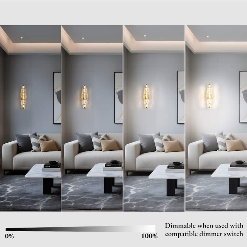 Modern Gold 1-Light LED Crystal Wall Sconce Cylinder Bathroom Vanity Light - W 6.8" x H 20"