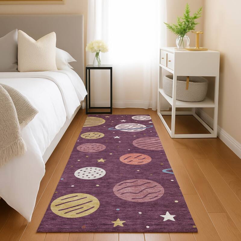 Machine Washable Indoor/ Outdoor Modern Planets Chantille Rug