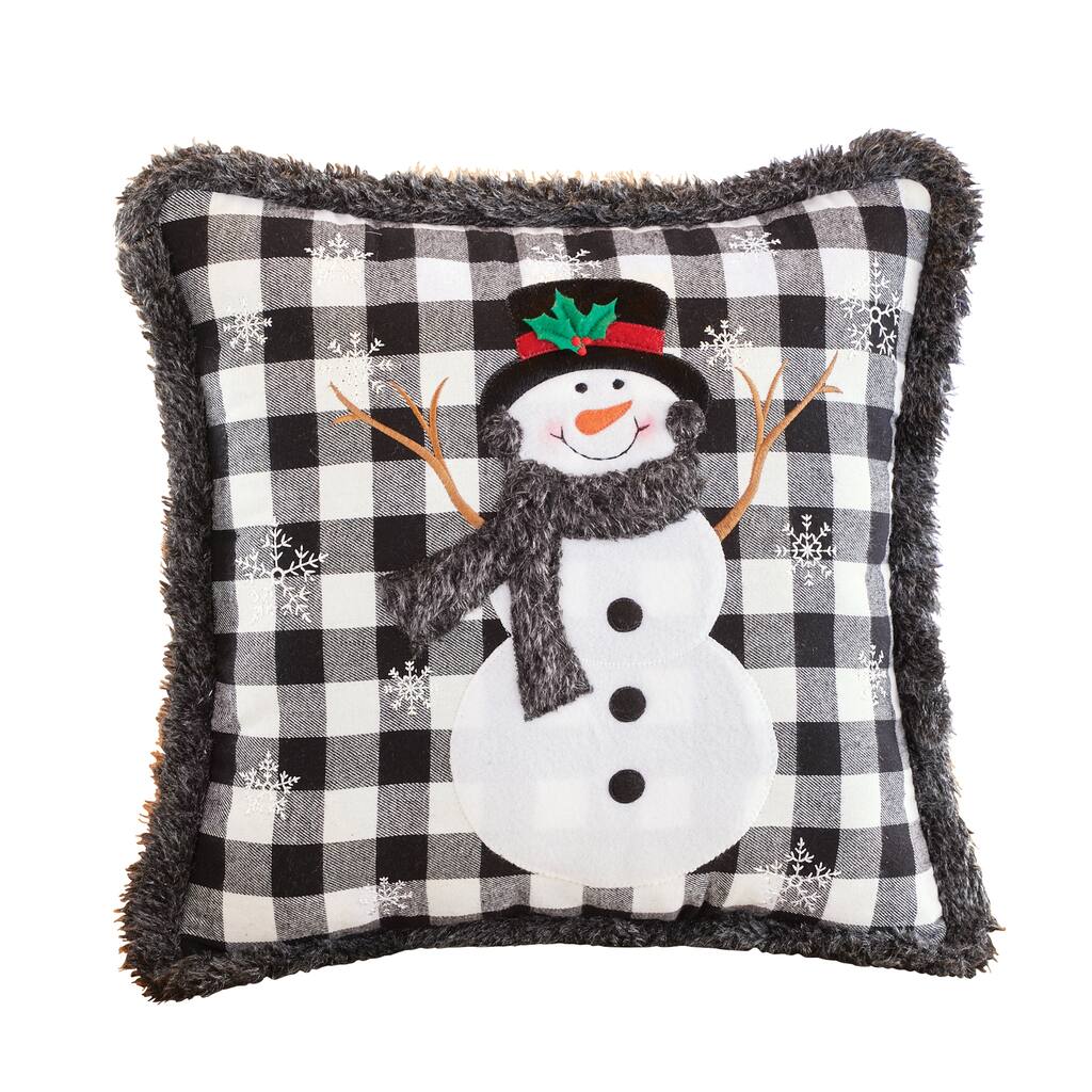 Smiling Snowman Fur Plaid Accent Throw Pillow