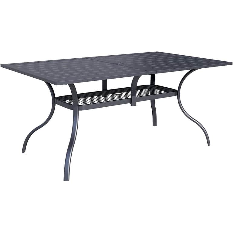 60" x 37" Outdoor Patio Rectangular Metal Slatted Dining Table with Umbrella Hole for 6 Person