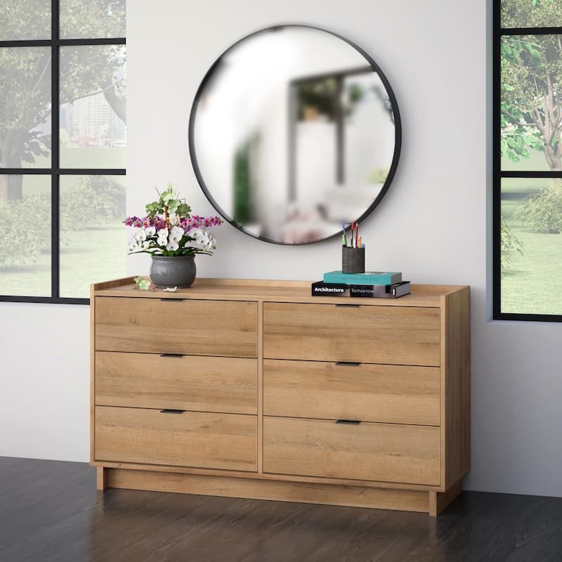Prepac Simply Modern 6-Drawer 52.5" W Double Dresser for Bedroom, Chest of Drawers, Modern Bedroom Furniture, Oak