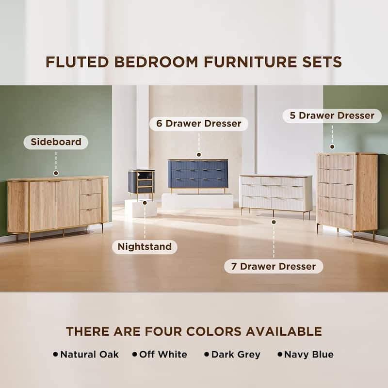 Modern Fluted 5 Drawers Dresser for Bedroom, Dresser Chest of Drawers